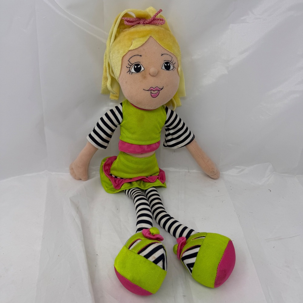 Dan Dee Collectors Choice Plush Doll Neon Green Pink Striped Rag Doll Blonde Y2K